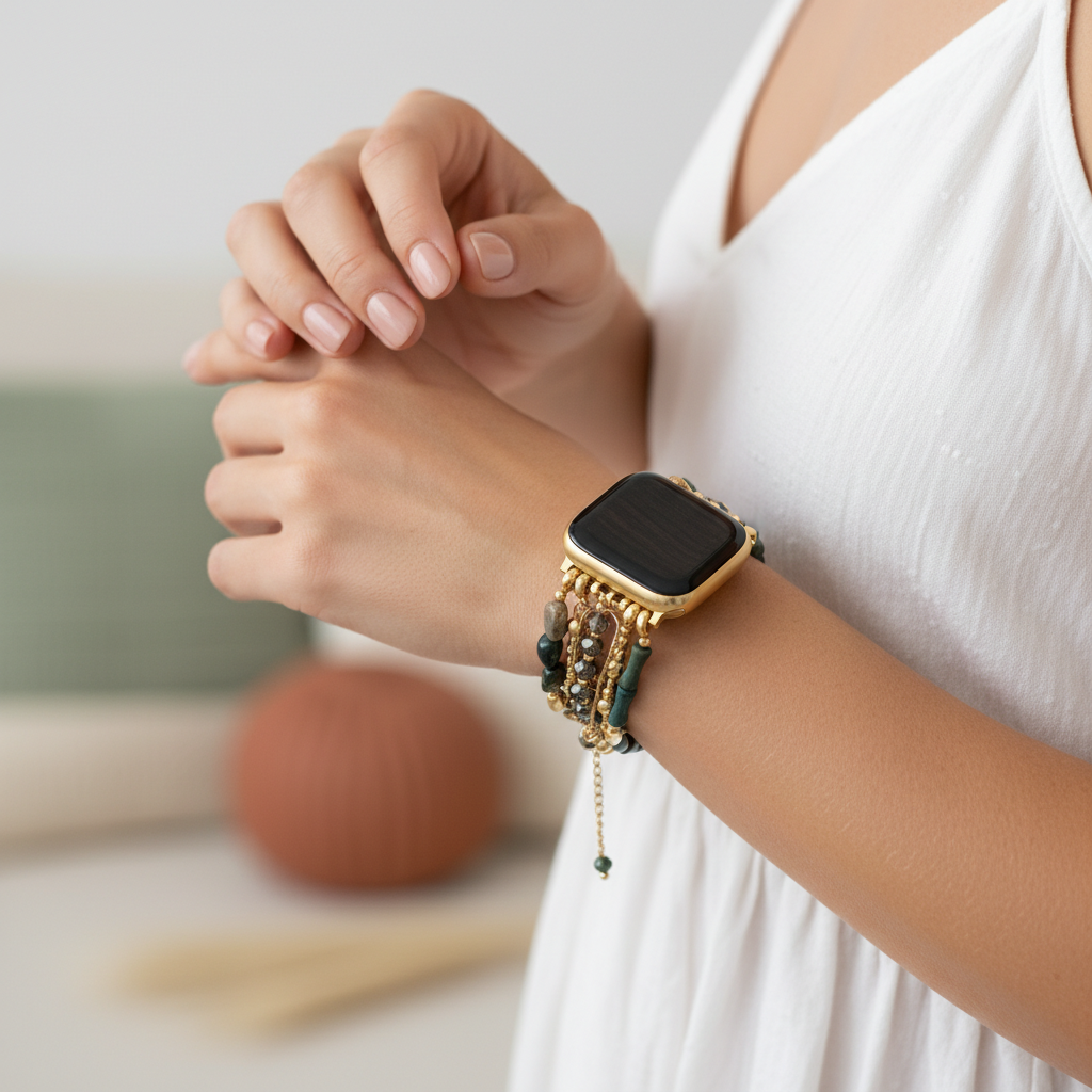 金色の緑豊かな伸縮性のあるApple Watch用腕帯