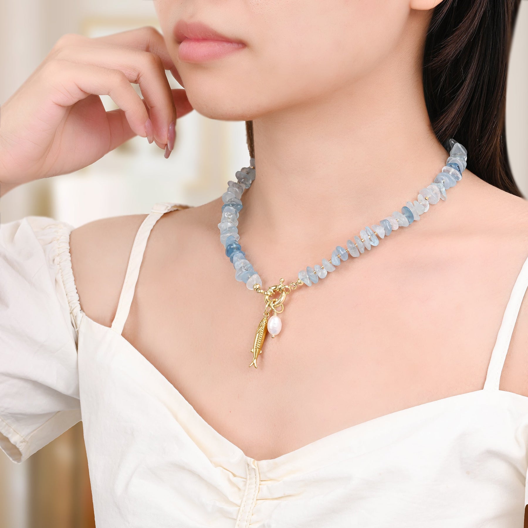 アクアマリンパールチャームネックレス