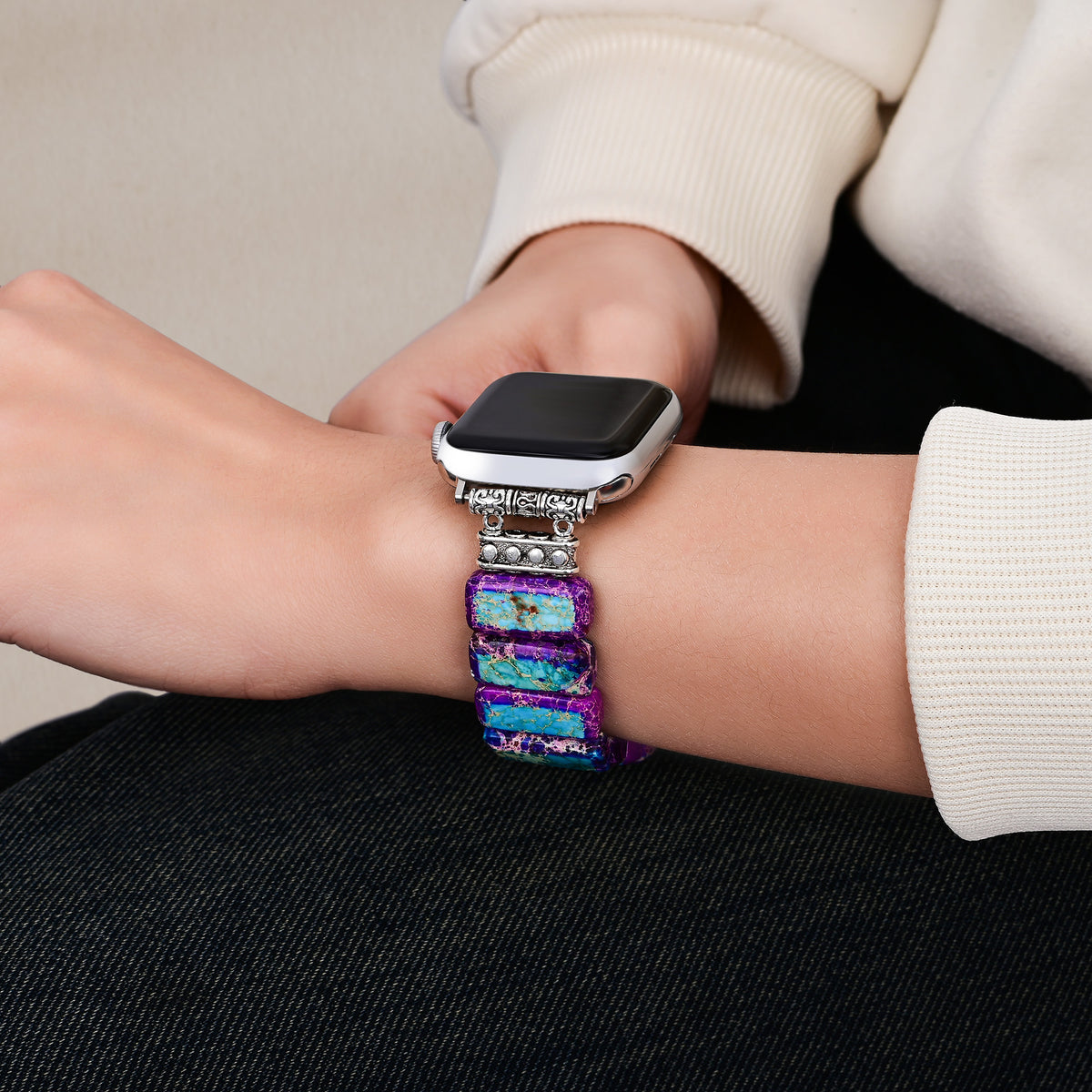 荘厳なチベットジャスパー伸縮性Apple Watchストラップ