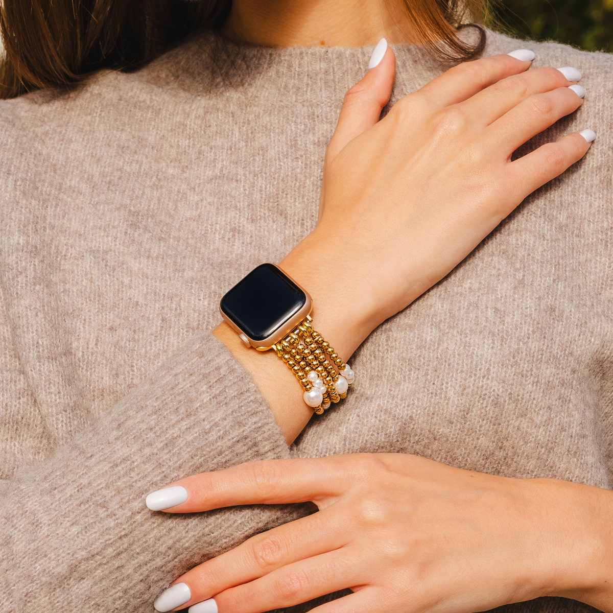ゴールドとパールのストレッチ Apple Watch ストラップ