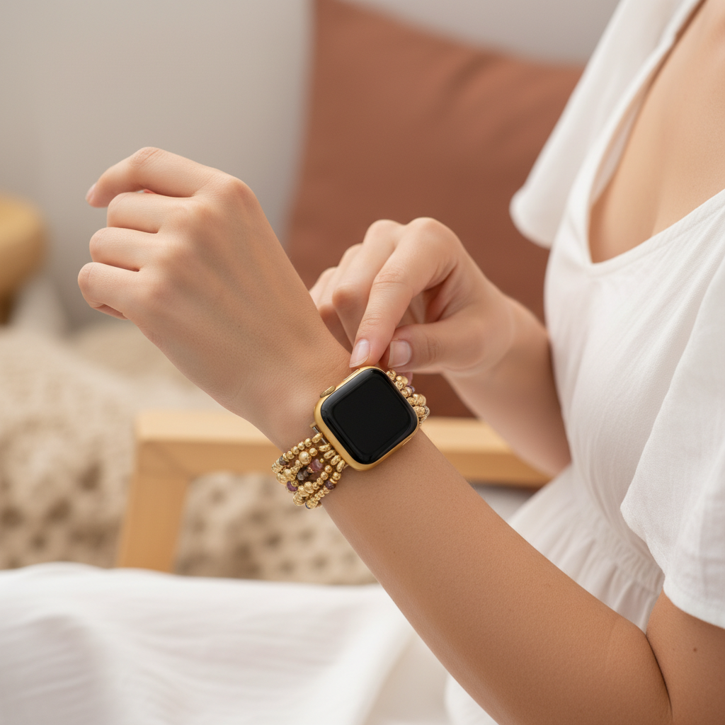 ほお紅色の花咲く伸縮性のあるApple Watch用腕帯