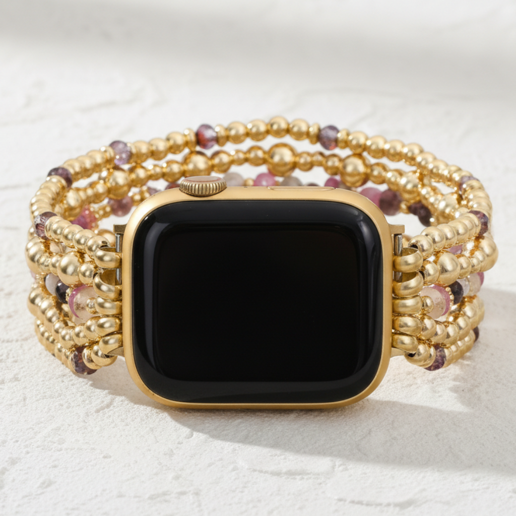ほお紅色の花咲く伸縮性のあるApple Watch用腕帯
