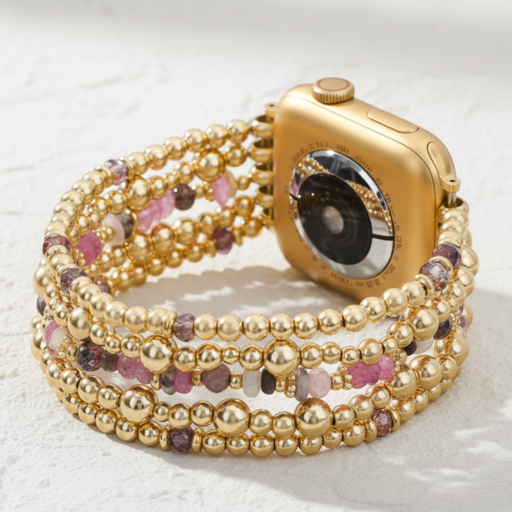 ほお紅色の花咲く伸縮性のあるApple Watch用腕帯