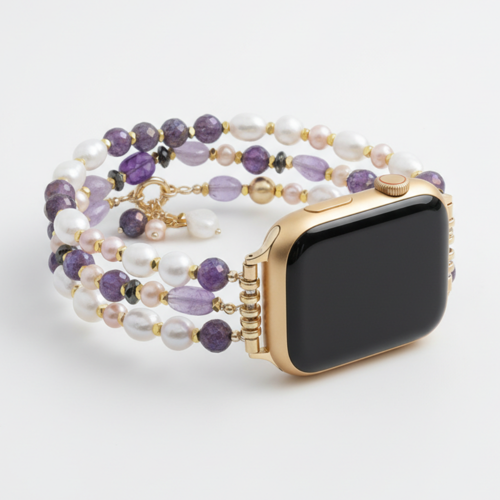 アメジスト真珠の房付き伸縮式Apple Watchバンド