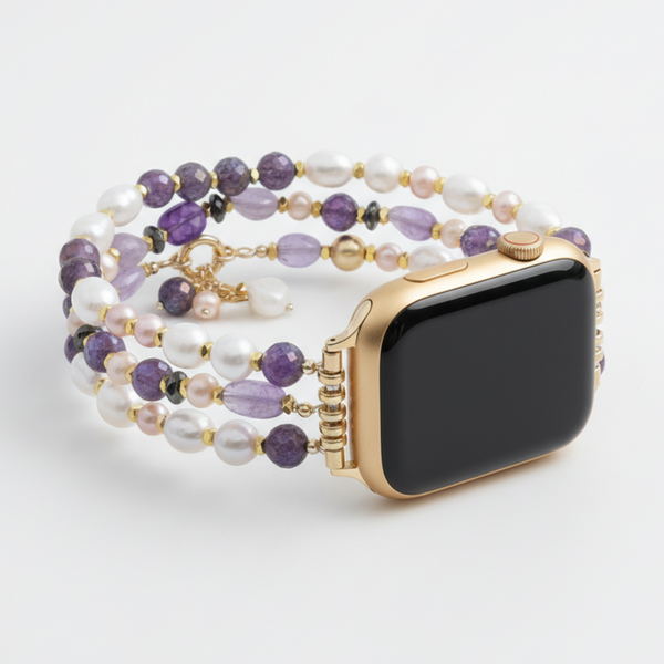 アメジスト真珠の房付き伸縮式Apple Watchバンド