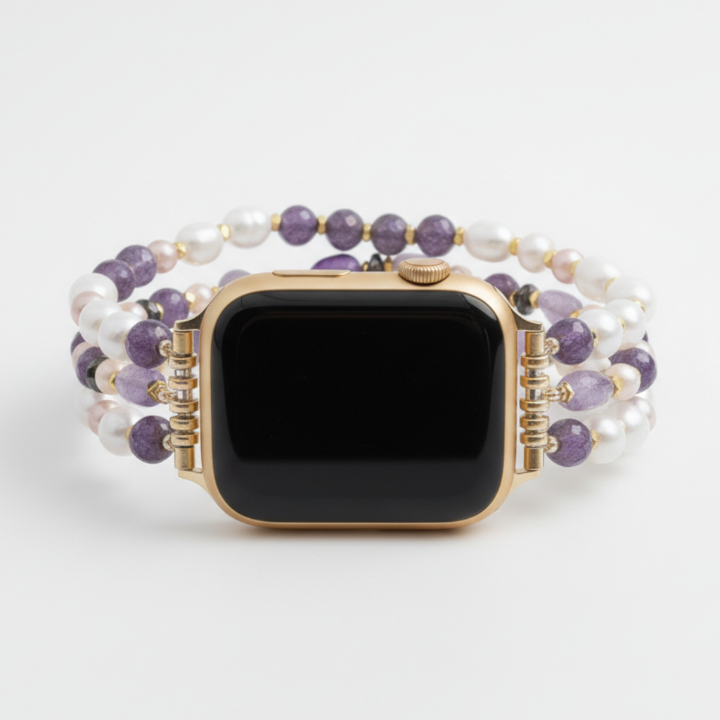 アメジスト真珠の房付き伸縮式Apple Watchバンド