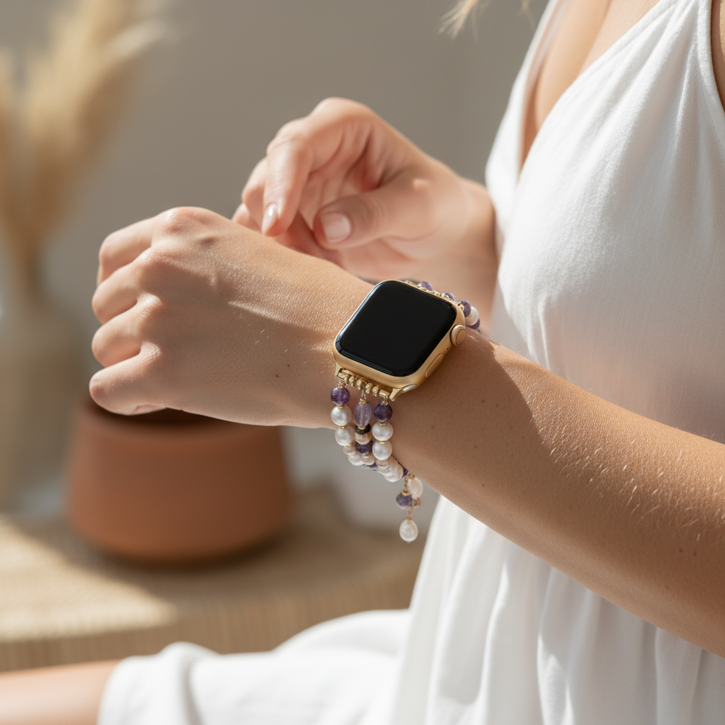 アメジスト真珠の房付き伸縮式Apple Watchバンド