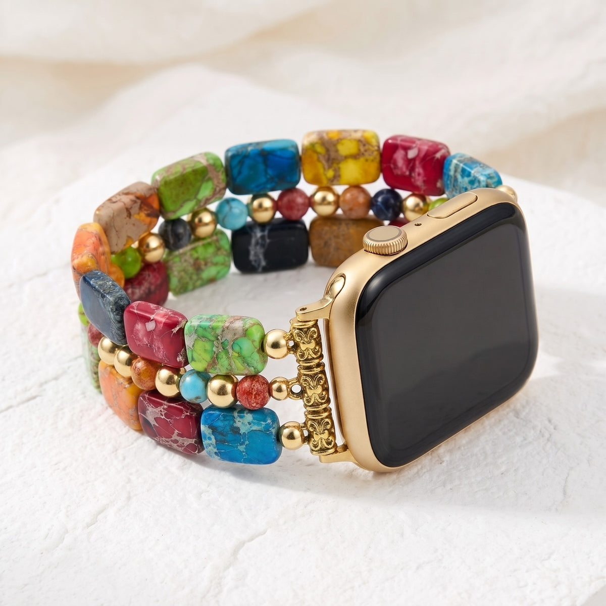 Full of Life multicolor imperial jasper stretch Apple Watch strap with gold watch