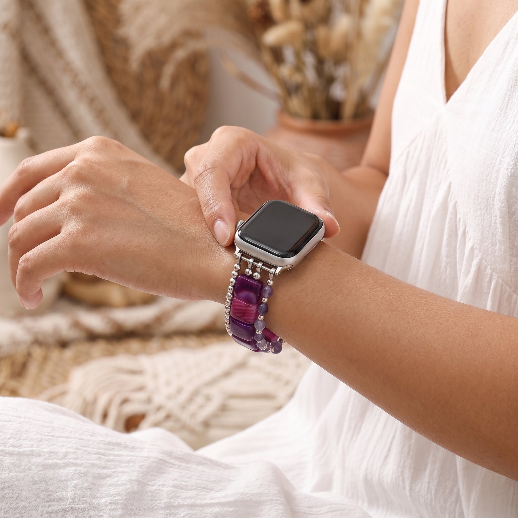 「Fierce Grace」タイガーアイ ストレッチ Apple Watch ストラップ シルバー